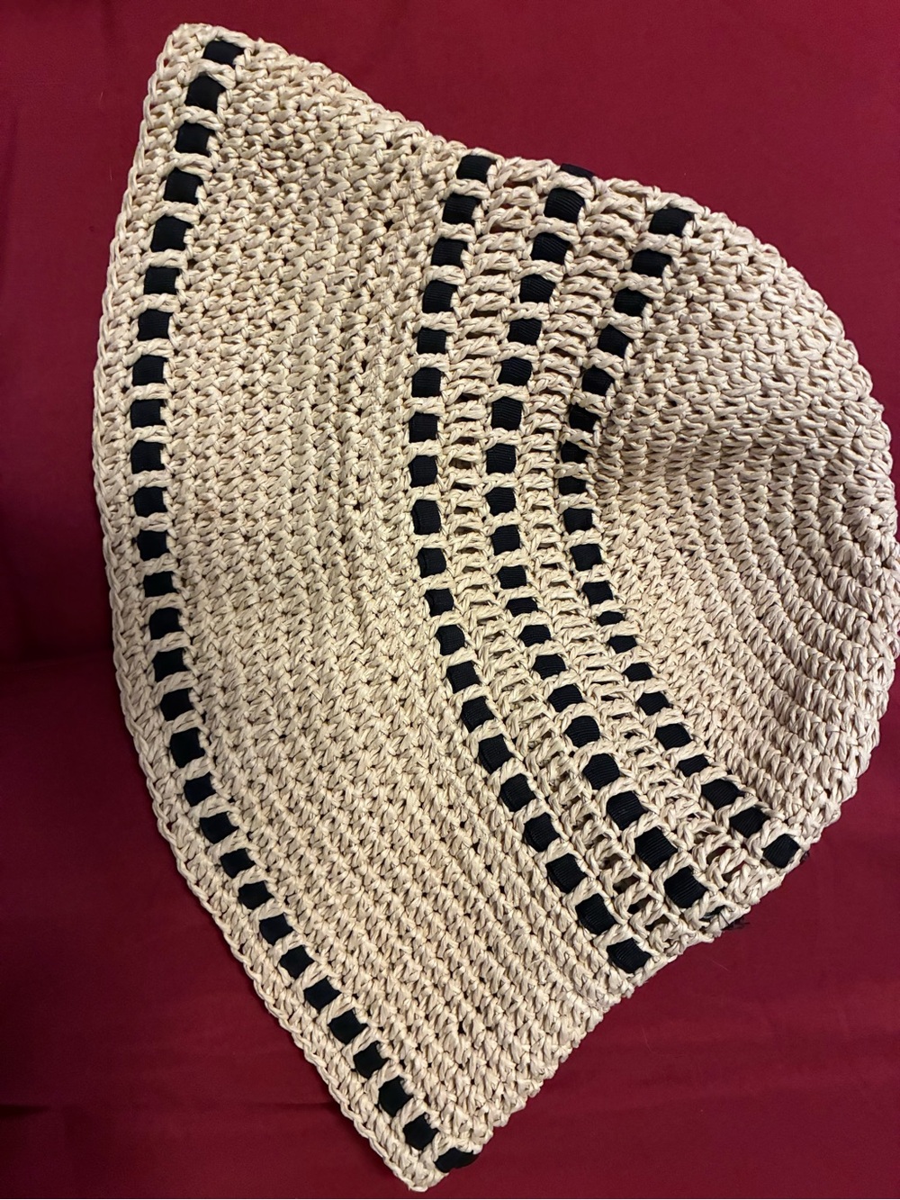 Beige Crochet Sun Hat with Black Accent Trim